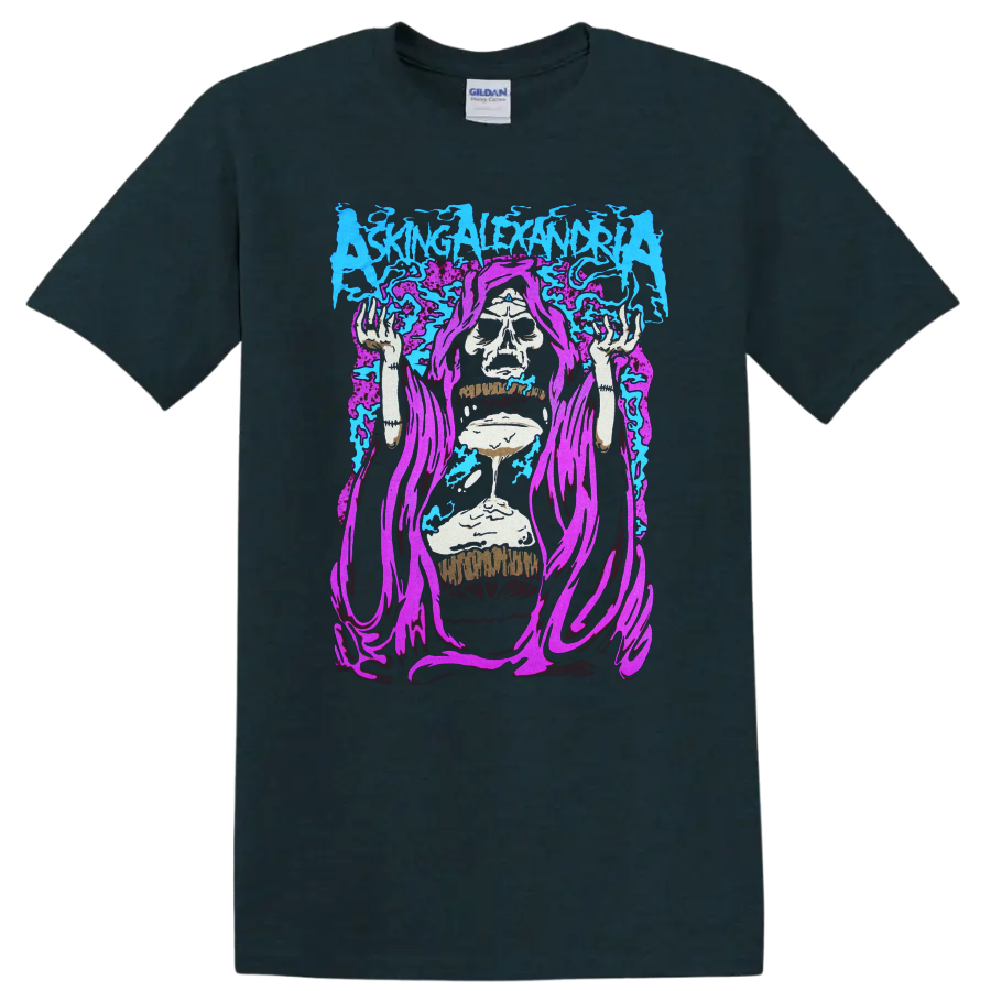 ASKING ALEXANDRIA skull graphic with blue and purple flames on a black T - Midnight (Green)