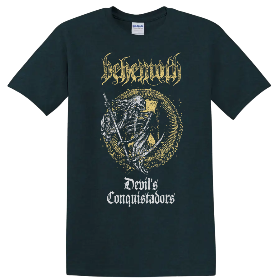 BEHEMOTH gothic metal graphic print with distressed lettering and emblem on T - Midnight (Green)