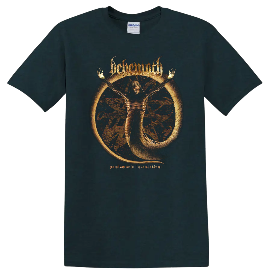 BEHEMOTH Pandemonic Incantations black metal graphic print T shirt with occult figure and burning - Midnight (Green)