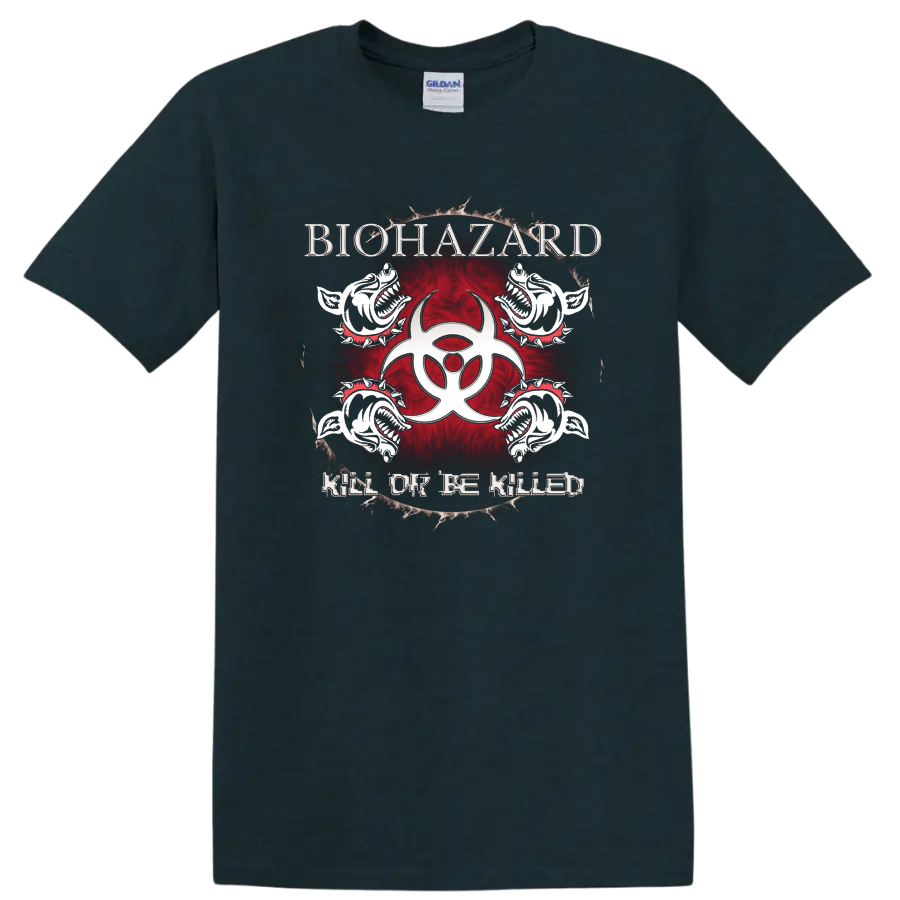 Biohazard graphic print T shirt with skull creatures, red biohazard symbol, and Kill or Be Killed - Midnight (Green)