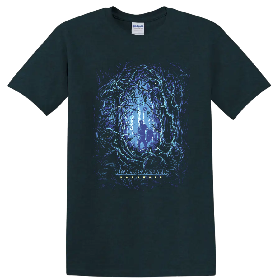 Black Sabbath dark fantasy rock metal graphic print with armored warrior in glowing blue - Midnight (Green)