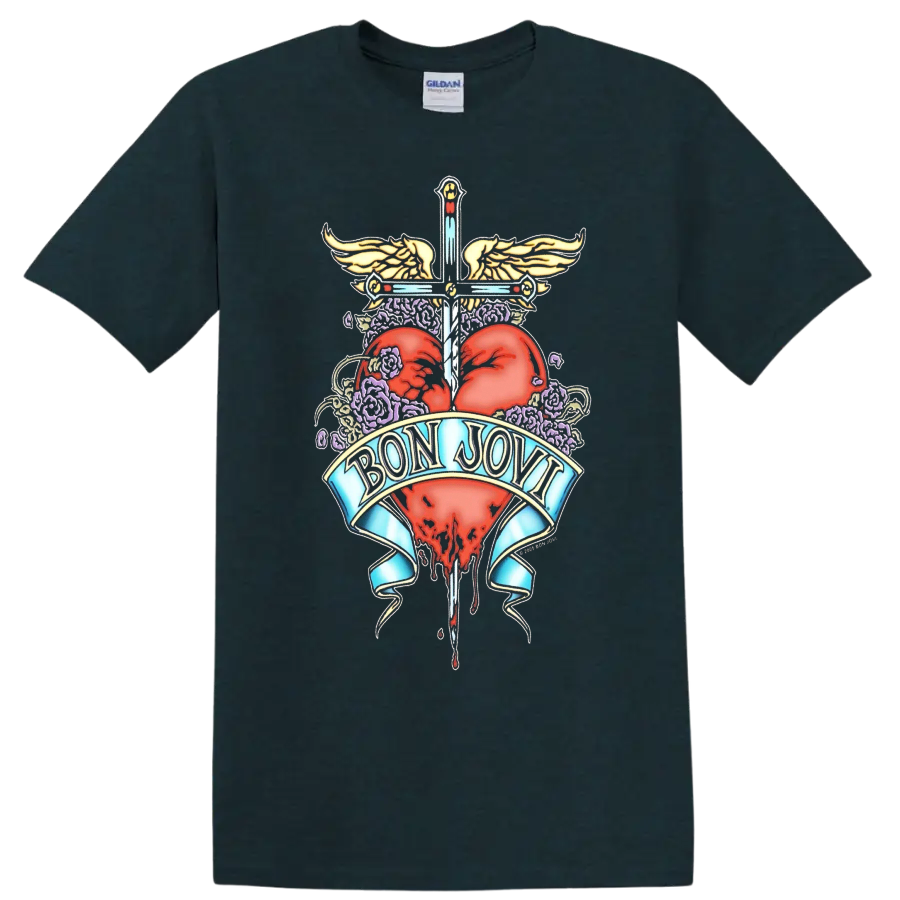 Bon Jovi inspired heart and wings graphic print T - Midnight (Green)
