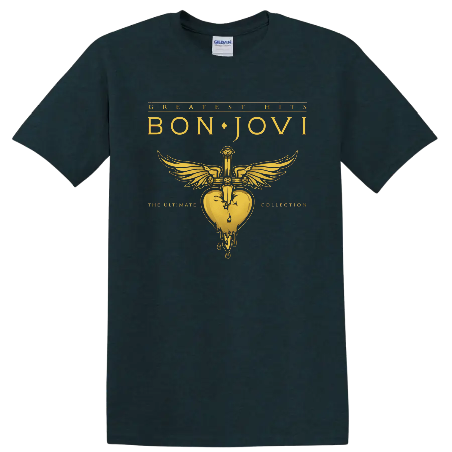 Bon Jovi Greatest Hits graphic with winged heart emblem and gold text on black T - Midnight (Green)