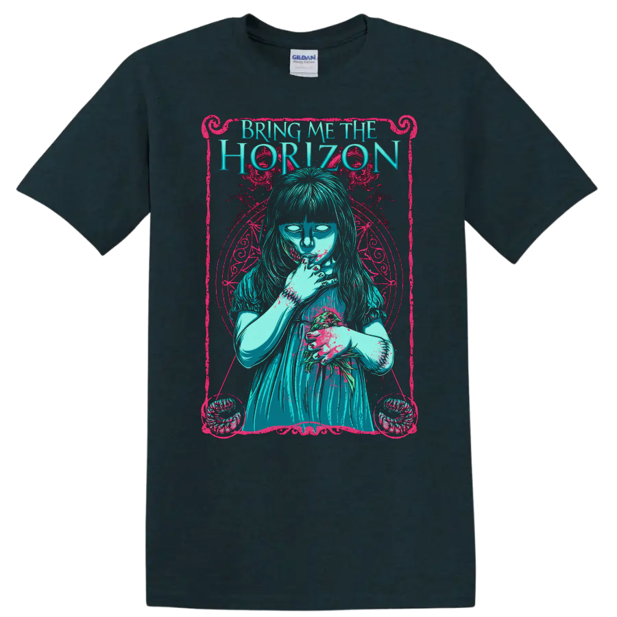 Bring Me The Horizon gothic graphic print T shirt with turquoise figure and pink - Midnight (Green)
