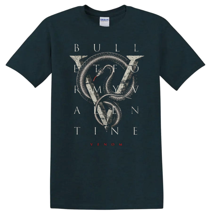 Bullet For My Valentine snake graphic with VENOM text on black T - Midnight (Green)
