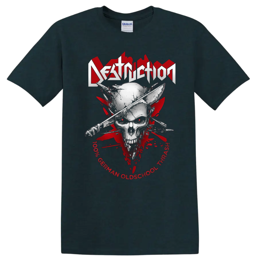 DESTRUCTION skull graphic print T shirt with crossed weapons and red thrash metal - Midnight (Green)
