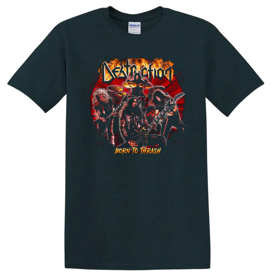 Destruction heavy metal band artwork with flames and Born to Thrash text T - Midnight (Green)