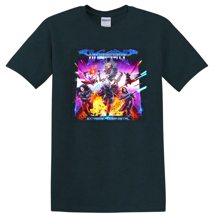 Dragonforce metal graphic print with dragon, flames, and band artwork T - Midnight (Green)