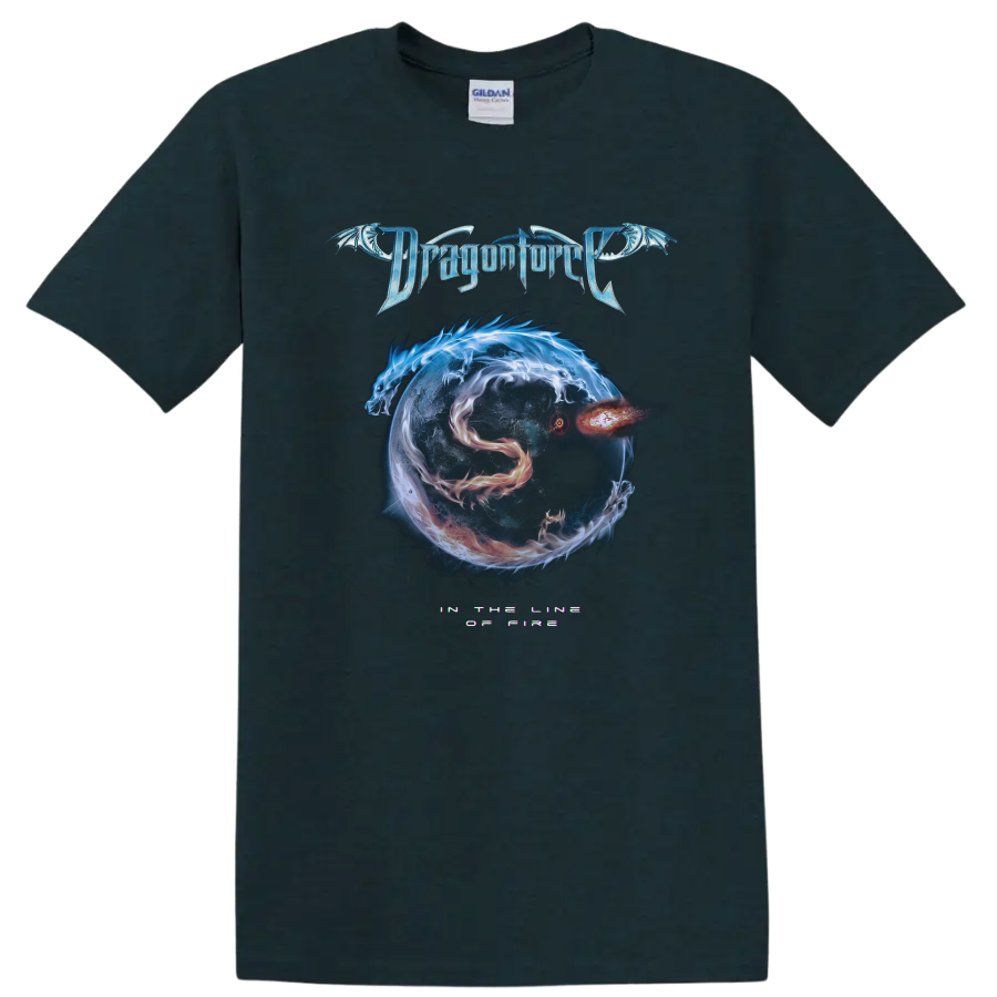 DragonForce logo with dragon artwork and fiery cosmic sphere graphic print T - Midnight (Green)
