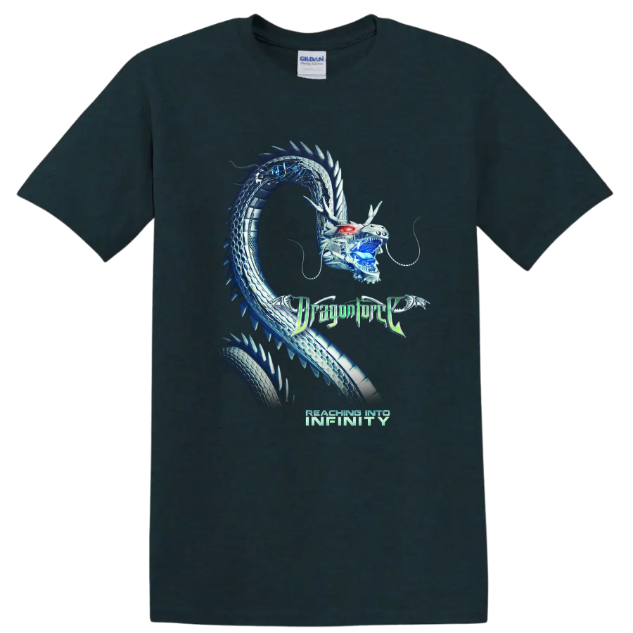 Blue mechanical dragon graphic with DragonForce Reaching Into Infinity text on a - Midnight (Green)