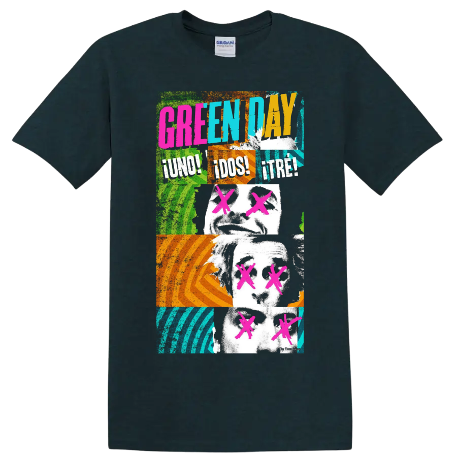 Green Day graphic print T shirt with neon punk rock portrait - Midnight (Green)