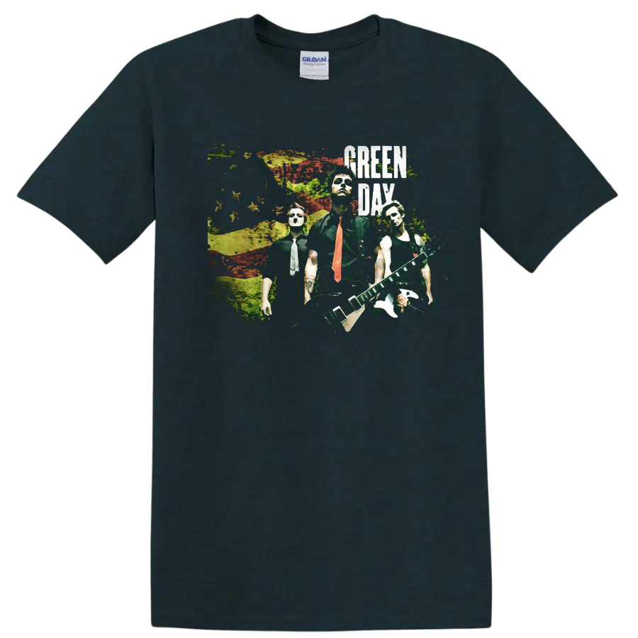 Green Day band graphic print with distressed background and bold text on a T - Midnight (Green)