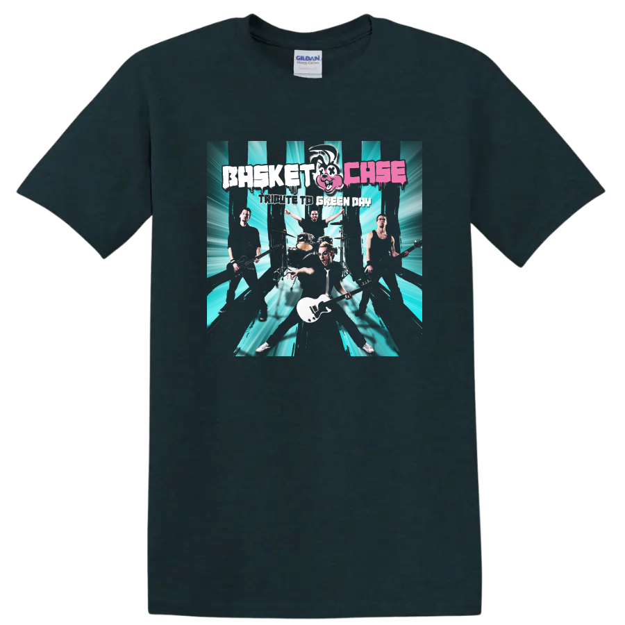 Green Day band graphic print with teal burst background and distressed lettering on T - Midnight (Green)