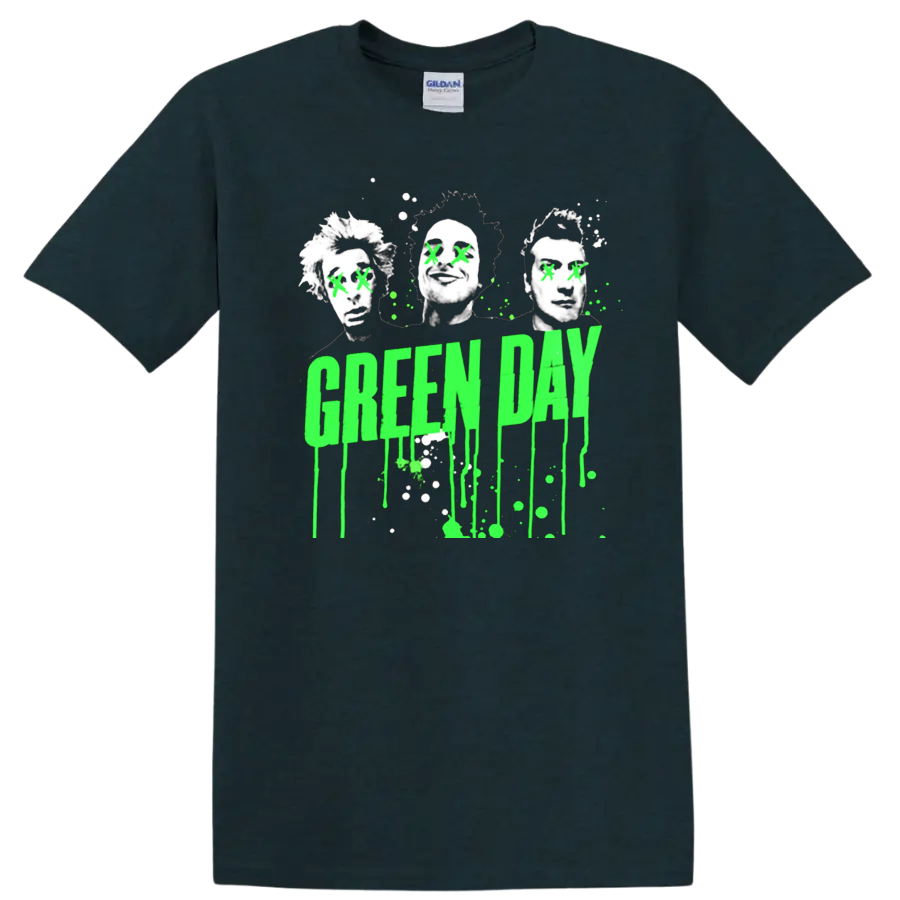 Green Day neon green dripping text with punk-style portraits graphic print T - Midnight (Green)