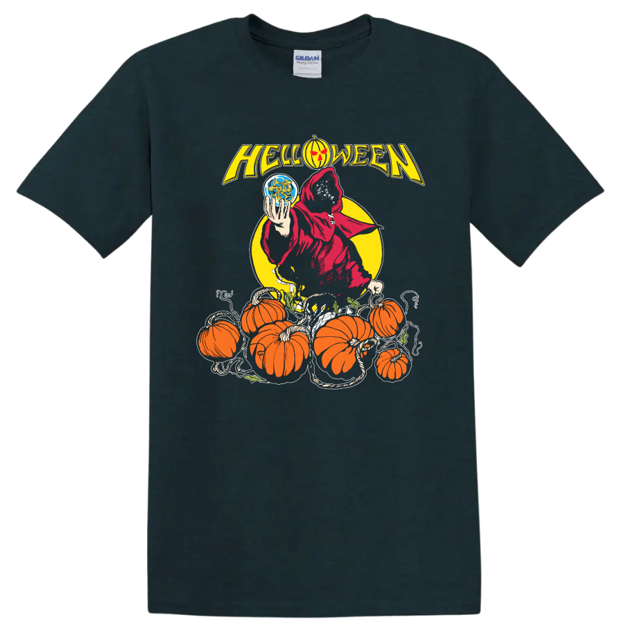 Helloween Halloween metal graphic with hooded reaper and pumpkins T - Midnight (Green)