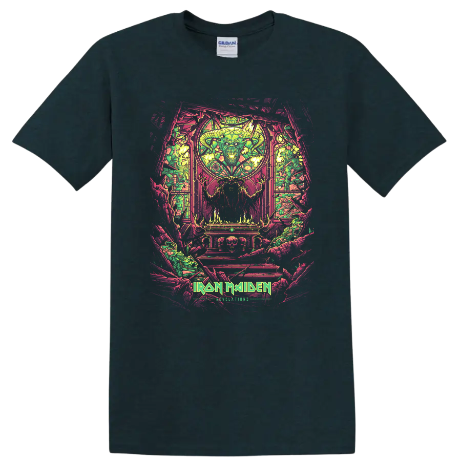 Iron Maiden heavy metal artwork with horned demon figure and vivid stained-glass style graphic print T - Midnight (Green)