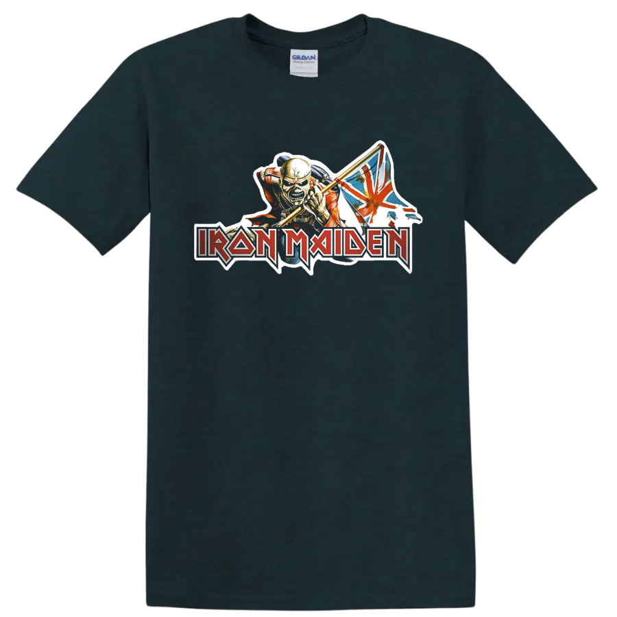 Iron Maiden rock metal logo with fierce mascot and Union Jack graphic on T - Midnight (Green)