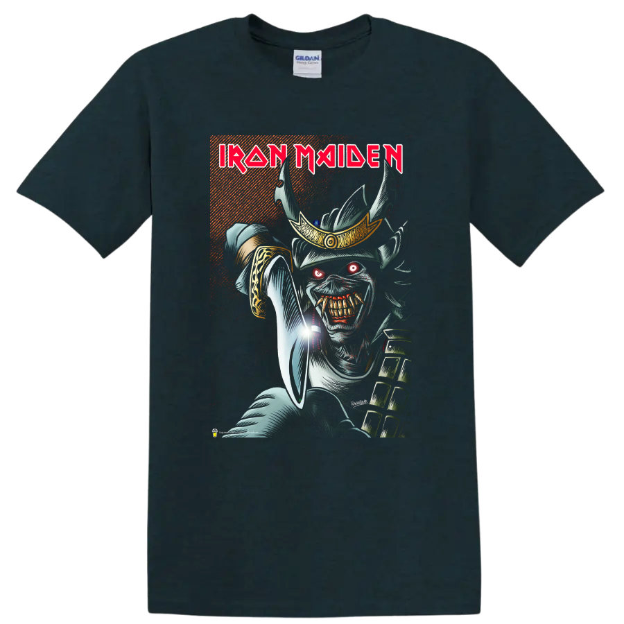 Iron Maiden text with fierce skull warrior metal graphic on a T - Midnight (Green)