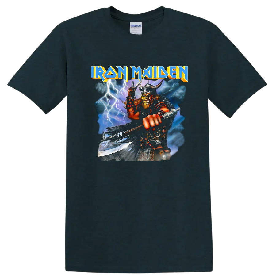 Iron Maiden text with horned warrior and lightning heavy metal graphic print - Midnight (Green)