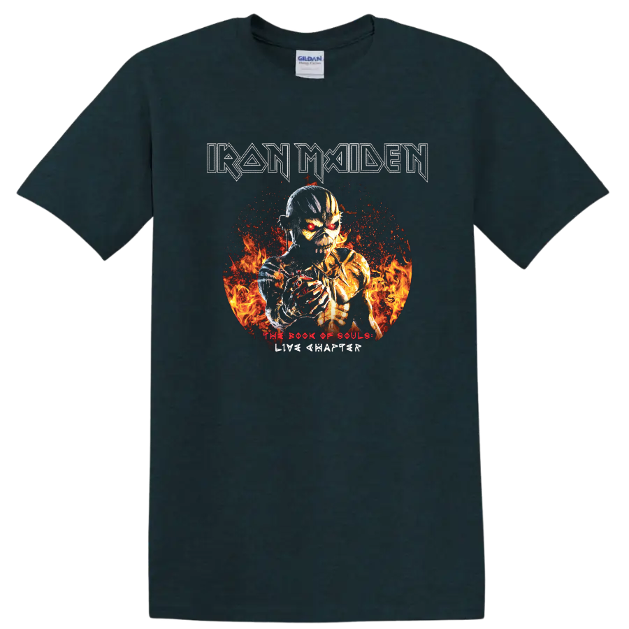 Iron Maiden text with fiery skeleton warrior and The Book of Souls Live Chapter graphic print T - Midnight (Green)