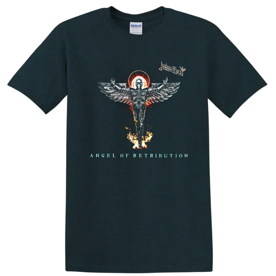 Judas Priest Angel of Retribution artwork with winged figure, fire, and band - Midnight (Green)