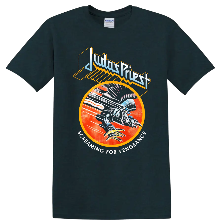 Judas Priest Screaming for Vengeance graphic with bold metal artwork T - Midnight (Green)