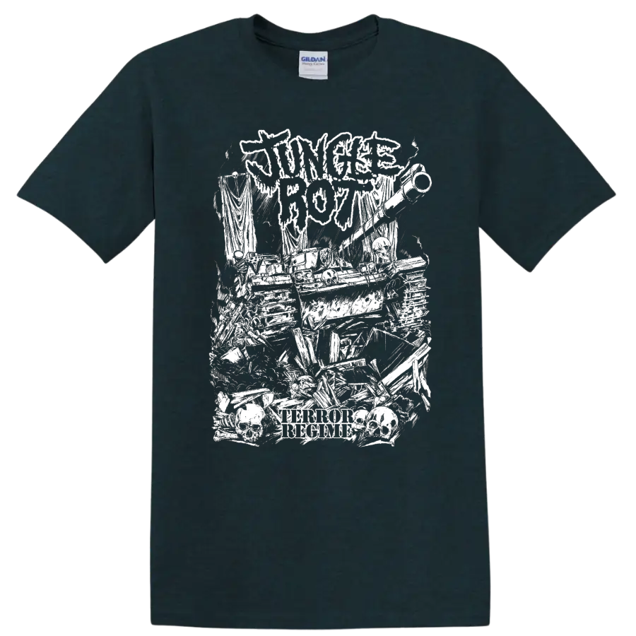 Jungle Rot horror metal graphic with skulls and distressed text on a T - Midnight (Green)