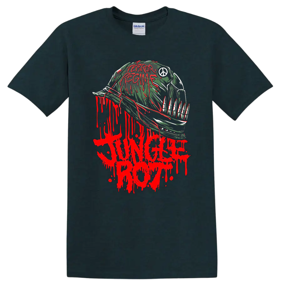 Jungle Rot Terror Regime horror metal graphic print with dripping helmet artwork T - Midnight (Green)