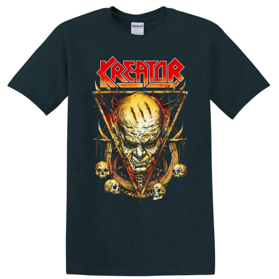 KREATOR rock metal skull graphic print T shirt with fiery aggressive band - Midnight (Green)