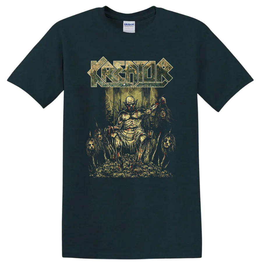 Kreator logo over horror metal throne scene graphic on T - Midnight (Green)