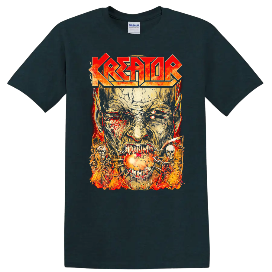 KREATOR logo with fiery skull face and chains graphic print - Midnight (Green)