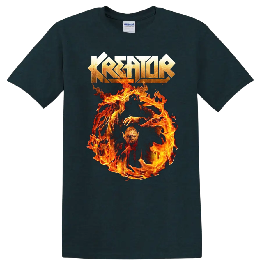Kreator logo above a flaming skull graphic on a black T - Midnight (Green)