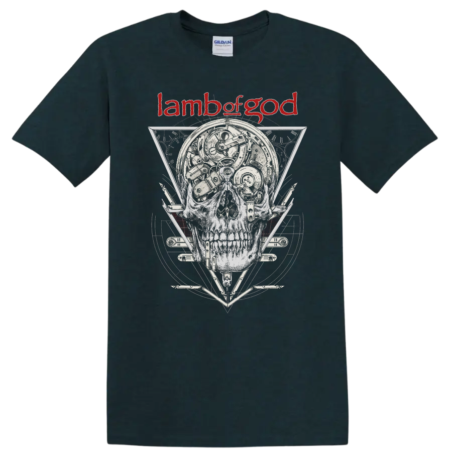 Lamb of God skull graphic with mechanical details and red logo on - Midnight (Green)