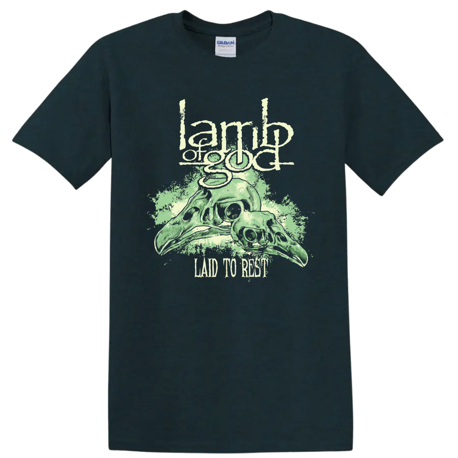Lamb of God skull graphic with distressed rock metal text on a - Midnight (Green)