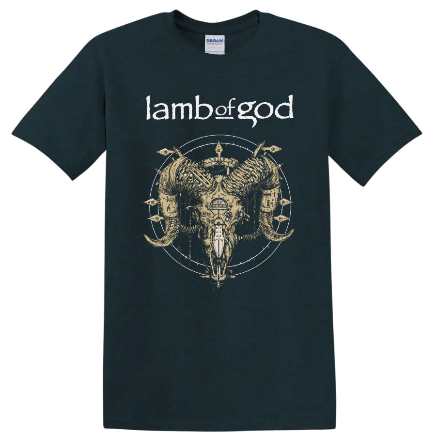 Lamb of God text with horned skull heavy metal graphic print on T - Midnight (Green)