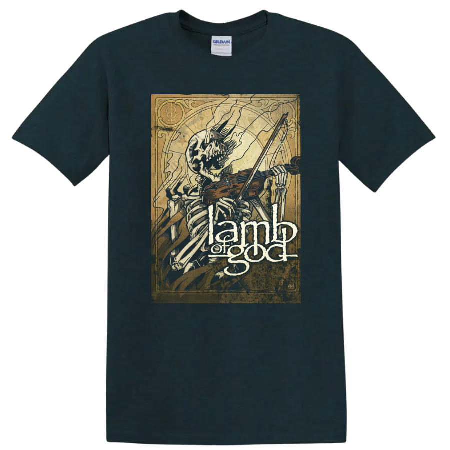 Skeleton playing violin with Lamb of God text in distressed dark metal graphic - Midnight (Green)