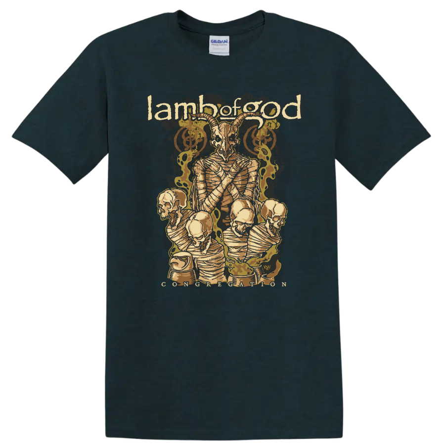 Lamb of God graphic print with horned demon, skulls, and distressed metal artwork on T - Midnight (Green)