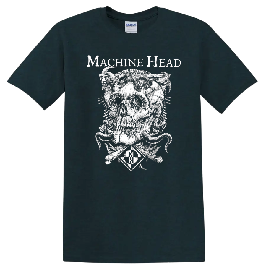 Machine Head skull graphic with mechanical details and band name text on a black - Midnight (Green)
