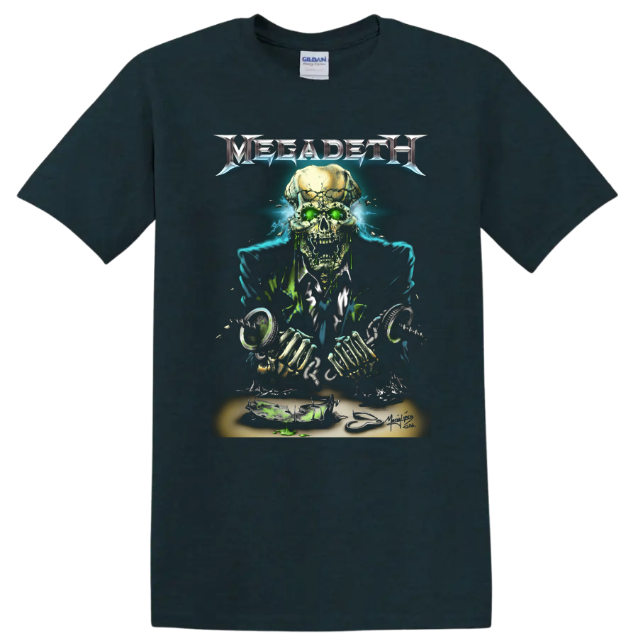 Megadeth skull with glowing green eyes and electric metal artwork on a T - Midnight (Green)