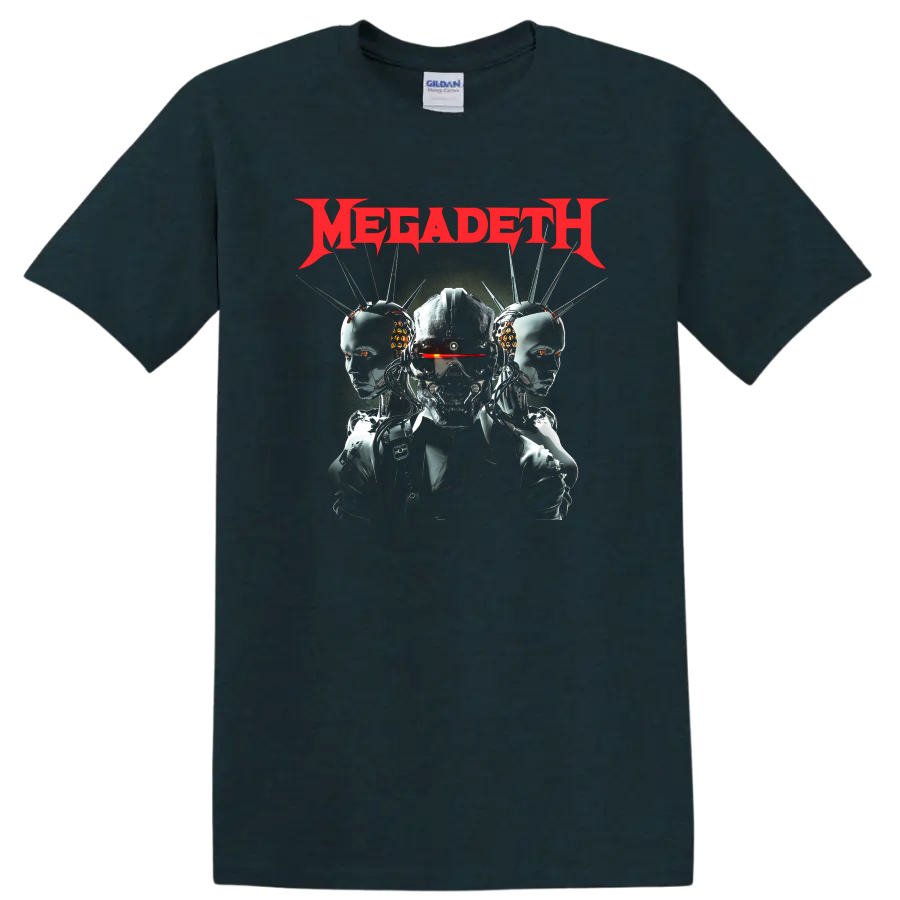 Megadeth red logo with cyber skull and robotic heads graphic on black T - Midnight (Green)
