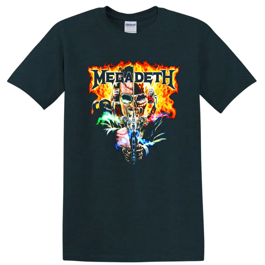 Megadeth flaming skull metal graphic T shirt with fiery flames and bold rock - Midnight (Green)