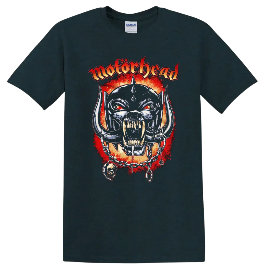 Motorhead skull graphic print T shirt with fiery red background and chain - Midnight (Green)