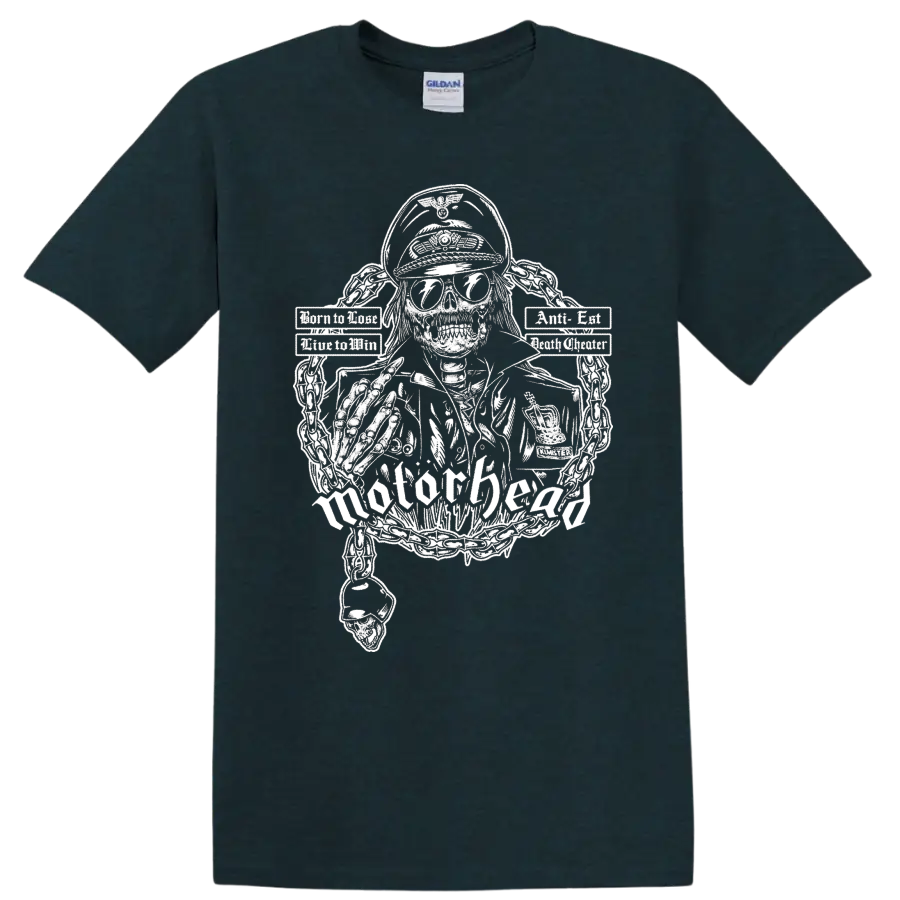 Motorhead skull graphic print T shirt with chains and rock metal - Midnight (Green)