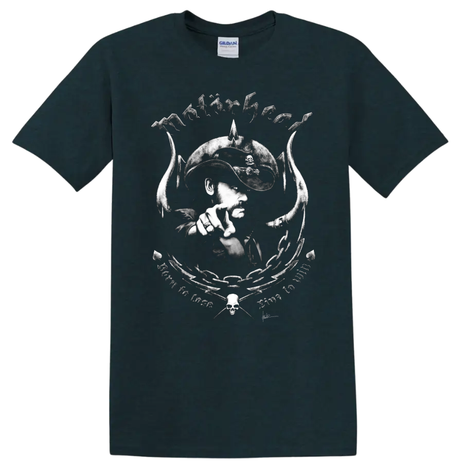 Black-and-white MOTORHEAD rock metal skull graphic T shirt with cowboy portrait and - Midnight (Green)