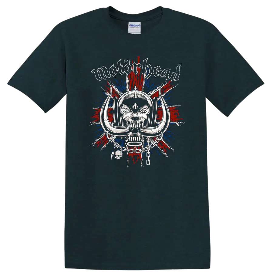 Motorhead skull graphic with gothic lettering and red blue burst on black T - Midnight (Green)