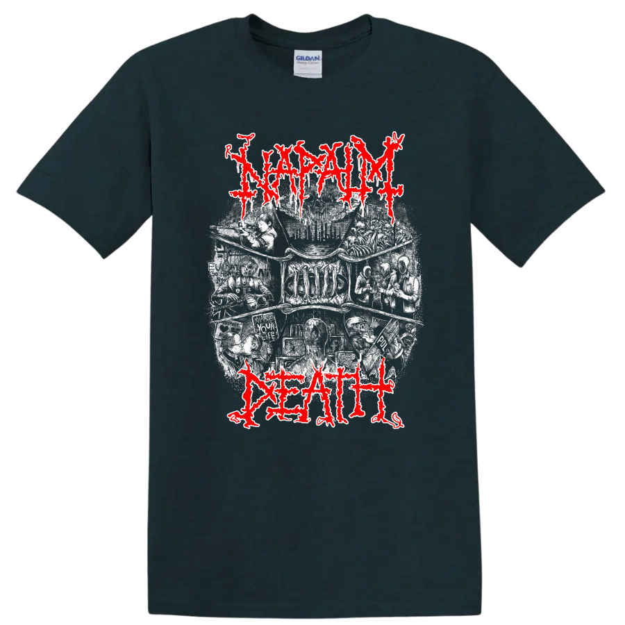Napalm Death distressed red logo over gritty monochrome metal artwork on T - Midnight (Green)