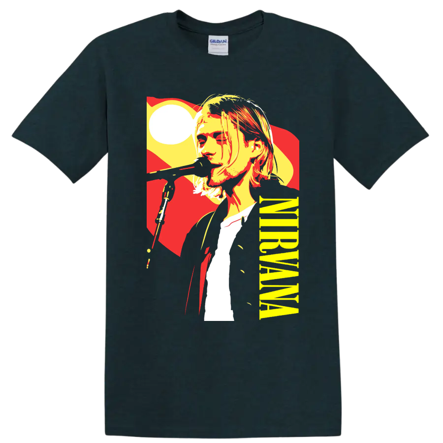 Nirvana-inspired rock portrait graphic print T shirt in red, yellow, black, and - Midnight (Green)