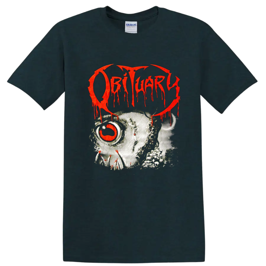 Obituary red dripping logo over skull artwork on black - Midnight (Green)