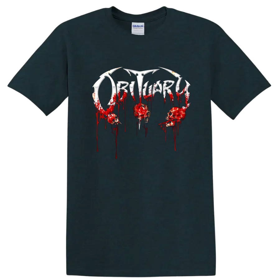 Obituary death metal logo with blood drips and skulls graphic print T - Midnight (Green)