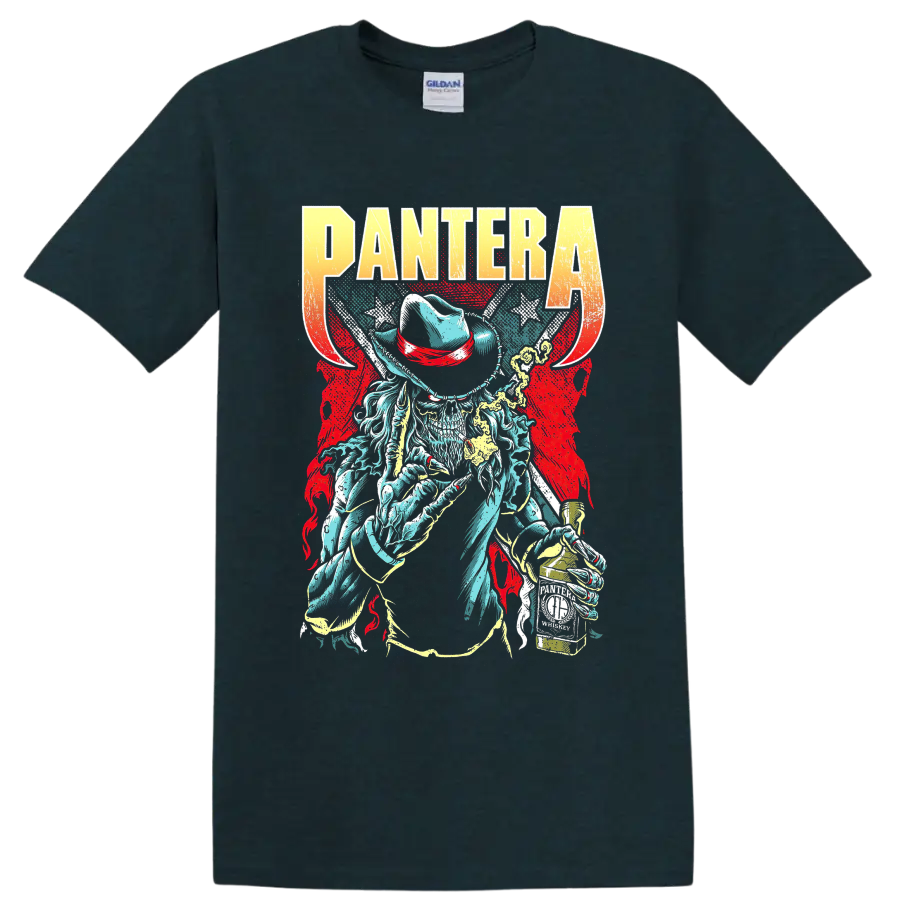PANTERA graphic T shirt with cowboy skull, distressed lettering, and vintage rock metal - Midnight (Green)
